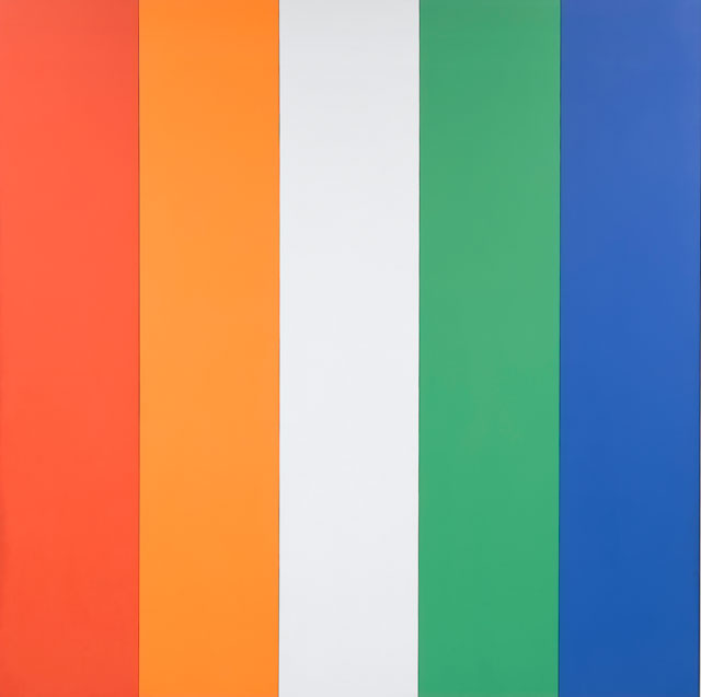 Ellsworth Kelly. Red Orange White Green Blue, 1968. Oil on canvas, 120 x 120 3/8 in (304.8 x 305.7 cm); each panel: 120 x 24 in (304.8 x 61 cm). Norton Simon Museum, Museum Purchase, Fellows Acquisition Fund, P.1968.14a-e. © Ellsworth Kelly Foundation.