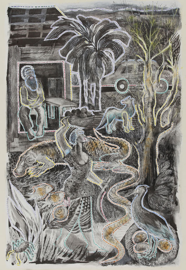 Mary Kuper. The body as metaphor: Dissecting nature, 2017. Ink and watercolour, 56 x76 cm. @ the artist, in collaboration with the Endangered Languages Documentation Project, with support from Arts Council England and University of the Arts CCW Graduate Research Fund.