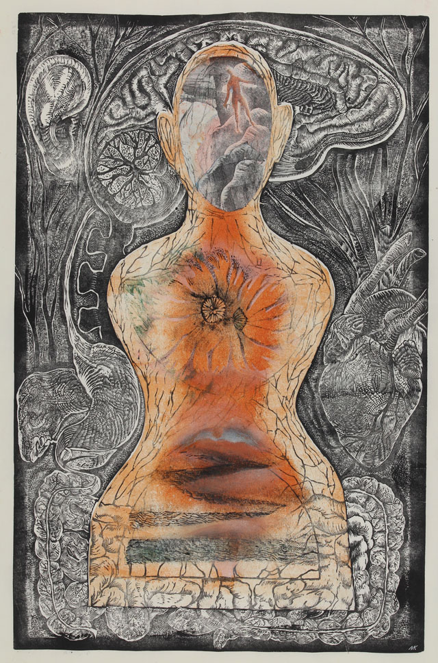 Mary Kuper. The body as metaphor: Happiness, 2017. Engraving, monoprint, collage, 52 x 80 cm. @ the artist, in collaboration with the Endangered Languages Documentation Project, with support from Arts Council England and University of the Arts CCW Graduate Research Fund.