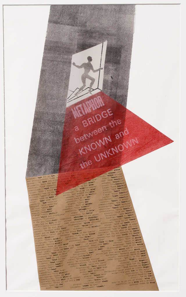 Mary Kuper. A metaphor is a bridge, 2017. Monoprint, digital type, collage, 56 x 90 cm. @ the artist, in collaboration with the Endangered Languages Documentation Project, with support from Arts Council England and University of the Arts CCW Graduate Research Fund.