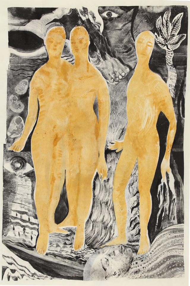 Mary Kuper. The body as landscape, 2017. Monoprint, collage, 52 x 77 cm. @ the artist, in collaboration with the Endangered Languages Documentation Project, with support from Arts Council England and University of the Arts CCW Graduate Research Fund.