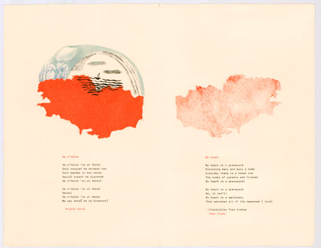 Mary Kuper. Endangered Poetry: Breton, 2018. Monoprint, watercolour, typewriters, 50 x 35 cm. @ the artist, in collaboration with The National Poetry Library, London.