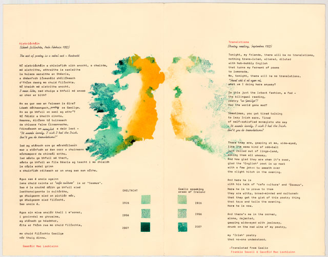 Mary Kuper. Endangered Poetry: Irish Gaelic, 2018. Monoprint, acrylic ink, typewriters, 50 x 35 cm. @ the artist, in collaboration with The National Poetry Library, London.