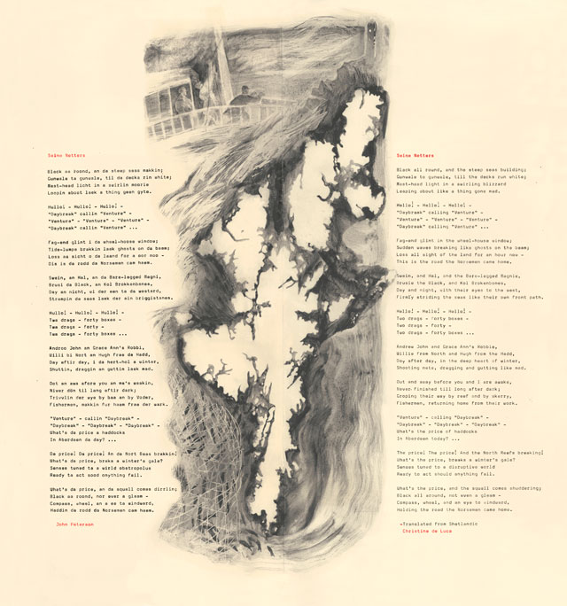 Mary Kuper. Endangered Poetry: Shetlandic, 2018. Graphite, typewriters, 50 x 52 cm. @ the artist, in collaboration with The National Poetry Library, London.