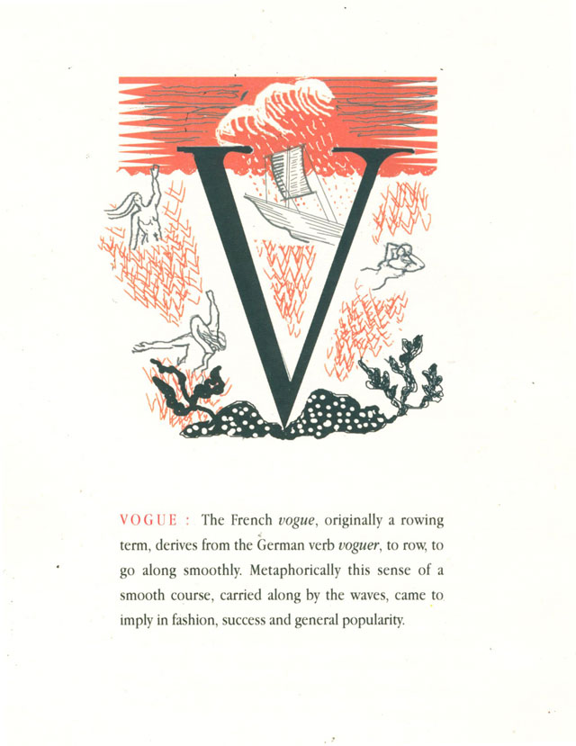 Mary Kuper. An Etymological Alphabet : V, 2002. Acrylic ink and digital, 14.8 x 21.0 cm. @ the artist, Clarion Press and Fine Book Association Award.