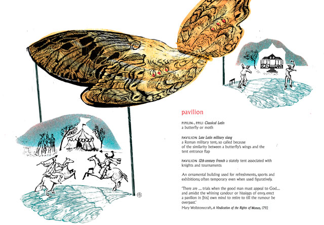 Mary Kuper. Word Origins: pavilion, 2011. Engraving, monoprint and digital, 29.6 x 42 cm. @ the artist, with support from the Leverhulme Trust and the English Project at the University of Winchester.