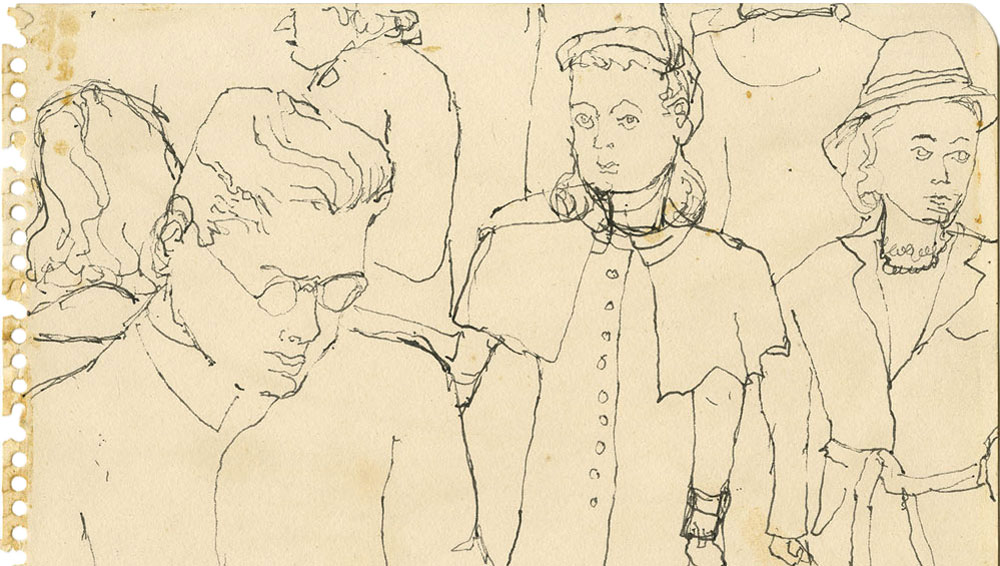 Alex Katz. Crowd on Subway, c1940s. Pen, 4 7/8 x 7 7/8 in. © Alex Katz / DACS, London / VAGA, New York. Courtesy Timothy Taylor 16×34.