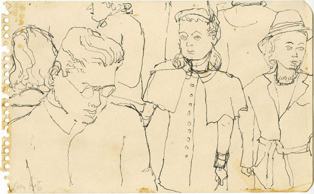 Alex Katz. Crowd on Subway, c1940s. Pen, 4 7/8 x 7 7/8 in. © Alex Katz / DACS, London / VAGA, New York. Courtesy Timothy Taylor 16×34.