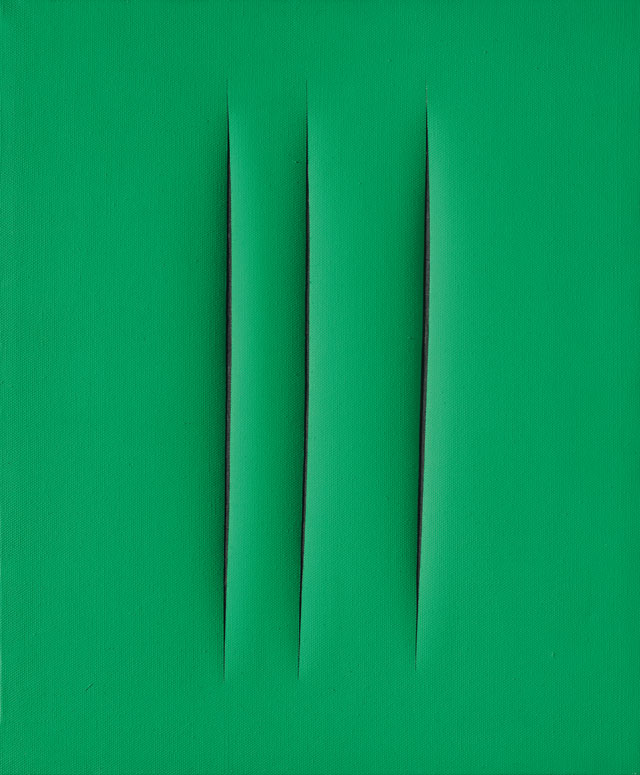 Lucio Fontana. Concetto Spaziale, Attese, 1967. Waterpaint on green canvas, 61 x 50 cm. Courtesy Mazzoleni.
