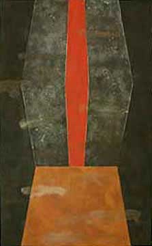 Karel Nel, Deep Core, 2002. Bonded fibre fabric, red ochre/brown ochre
and black pigment and specularite. 71 inches x 47 inches wide, 181 x 120
cm