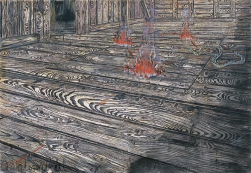 Anselm Kiefer. Quaternity 1973. Oil and charcoal on burlap, 117 1/2 x 170 1/4 in (298.4 x 432.4 cm).