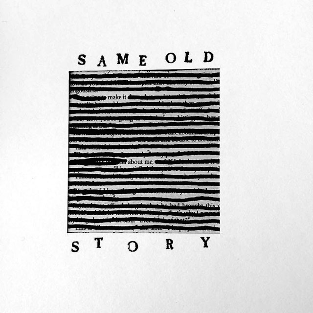 Stuart Kestenbaum. Same old Story. Found black text blacked out with marker and hand stamped text, 10 x 13 cm (4 x 5 in). © the artists.