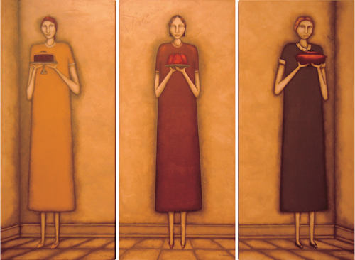 Kim Thomas. Potluck Ladies: Dessert, Congealed Salad, Casserole. 24 x 54 each (3 individuals in the triptych). Acrylic.