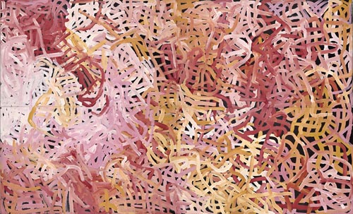 Emily Kame Kngwarreye. Big Yam, 1996. Synthetic polymer paint on canvas, four panels, each 159.0 x 270.0 cm, overall 245.0 x 401.0 cm. National Gallery of Victoria, Melbourne purchased by the National Gallery Women's Association to mark the directorship of Dr Timothy Potts, 1998