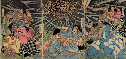 Utagawa Kuniyoshi, Minamoto no Raiko and His Retainers Battle with the Earth Spider, early 1820’s. Colour woodblock print, Right: 14 1/2 x 10 1/8 in., Centre:14 1/2 x 10 1/8 in., Left:14 1/2 x 10 1/8 in. American Friends of The British Museum (The Arthur R. Miller Collection) 20904. Photo © Trustees of The British Museum.