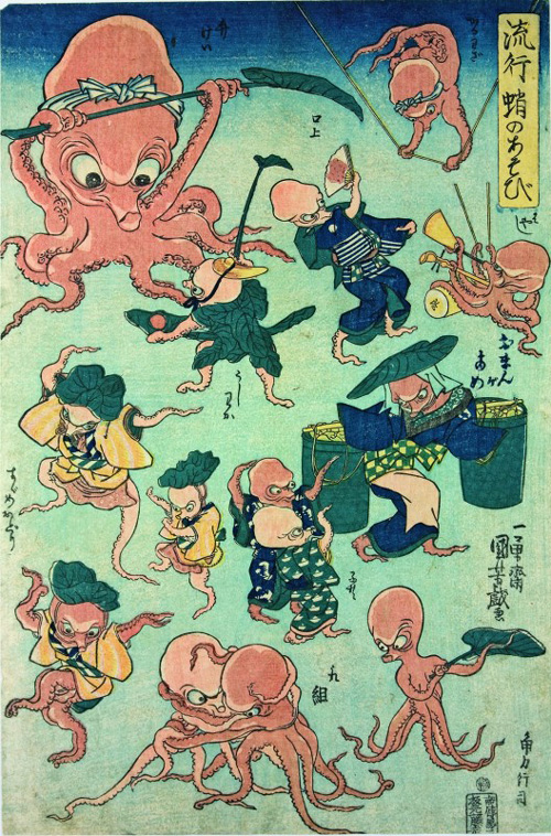 Utagawa Kuniyoshi, Octopus Games, 1840–42. Colour woodblock print, 14 1/2 x 9 5/8 in. American Friends of The British Museum (The Arthur R. Miller Collection) 21402. Photo © Trustees of The British Museum.