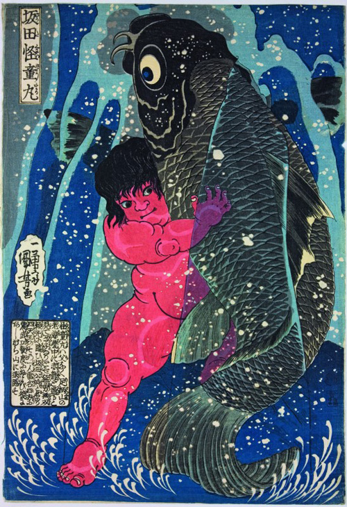Utagawa Kuniyoshi, Sakata Kaidomaru Wrestles with a Giant Carp, c. 1837. Colour woodblock print, 15 x 10 1/4 in. American Friends of The British Museum (The Arthur R. Miller Collection) 21215. Photo © Trustees of The British Museum.