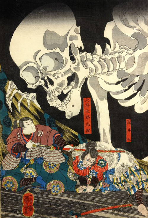 Utagawa Kuniyoshi, Mitsukuni Defies a Skeleton Spectre, 1845–46. Colour woodblock print, 14 5/6 x 29 7/8 in. The British Museum, JA 1915.8-23.0915, 0916. Photo © Trustees of The British Museum.