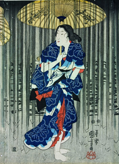 Utagawa Kuniyoshi, Woman with Umbrella in a Summer Shower (detail), 1849–51. Colour woodblock print, 14 ¼ x 9 ½ in. American Friends of The British Museum (The Arthur R. Miller Collection) 18615. Photo © Trustees of The British Museum.