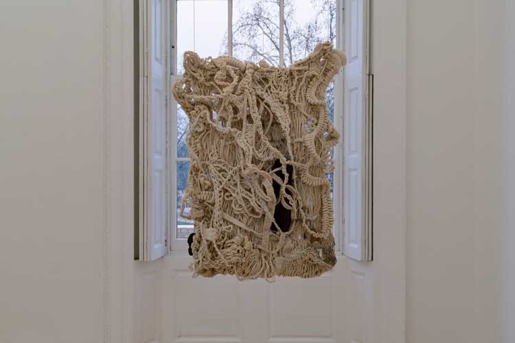 Laura Lima, The Wrong Drawing, 2084, Raw cotton threads and coal. Installation view, Laura Lima: The Drawing Drawing, Institute of Contemporary Arts, London. Photo: Anne Tetzlaff.