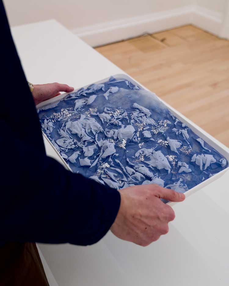 Laura Lima, Imagens Congeladas [Frozen Images], 1993/2026. Freezer, plastic trays, ice, various materials. Installation view, Laura Lima: The Drawing Drawing, Institute of Contemporary Arts, London. Photo: Anne Tetzlaff.