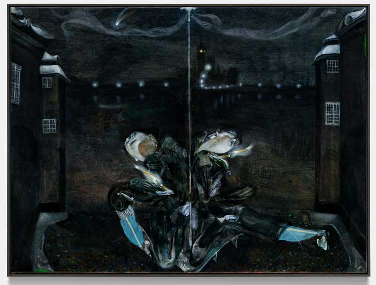 Guglielmo Castelli, The Expectation of Guilt, 2025. Oil on canvas, site size: 60 x 80 cm (23 ⅝ x 31 ½ in), frame size: 62 x 82 x 7 cm (24 ⅜ x 32 ¼ x 2 ¾ in). © Guglielmo Castelli. Courtesy the Artist and Sylvia Kouvali, London / Piraeus. Photo: Nicola Morittu.