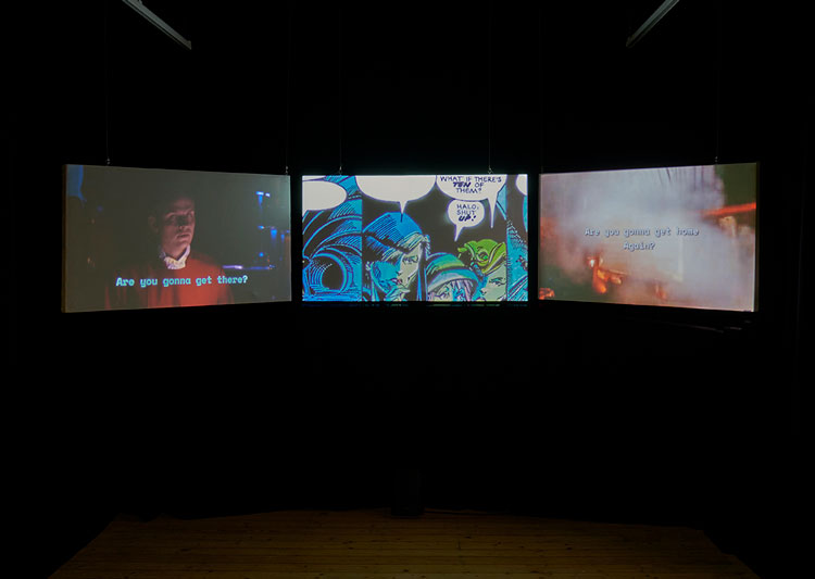 Bettina Furnée, Out of Our Earth, 2025. Three-channel video, 37 min. Installation view, Leaving Were The Ones Who Could Not Stay, Broadway Gallery, September 2025. Photo: © Jo Underhill.