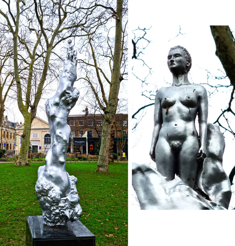 Left: Mary Wollstonecraft by Maggi Hambling, 2020. Bronze (coloured silver). Newington Green. Right: detail. Photo: Juliet Rix.