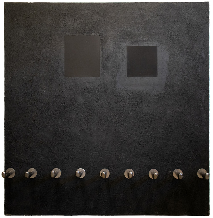 Donald Locke, Black Painting, 1978-79. Mixed media on canvas, formica, ceramic elements attached to canvas with stainless steel washers. Courtesy Estate of Donald Locke and Alison Jacques.