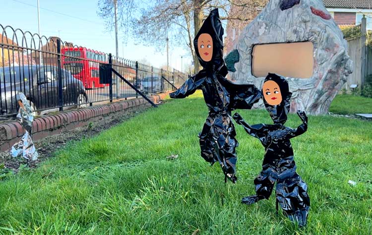 Rubbish dolls on the front lawn, Delaine Le Bas: A Stranger in Silver Walking on Air, the White House, Dagenham, 2025. Photo: Martin Kennedy.