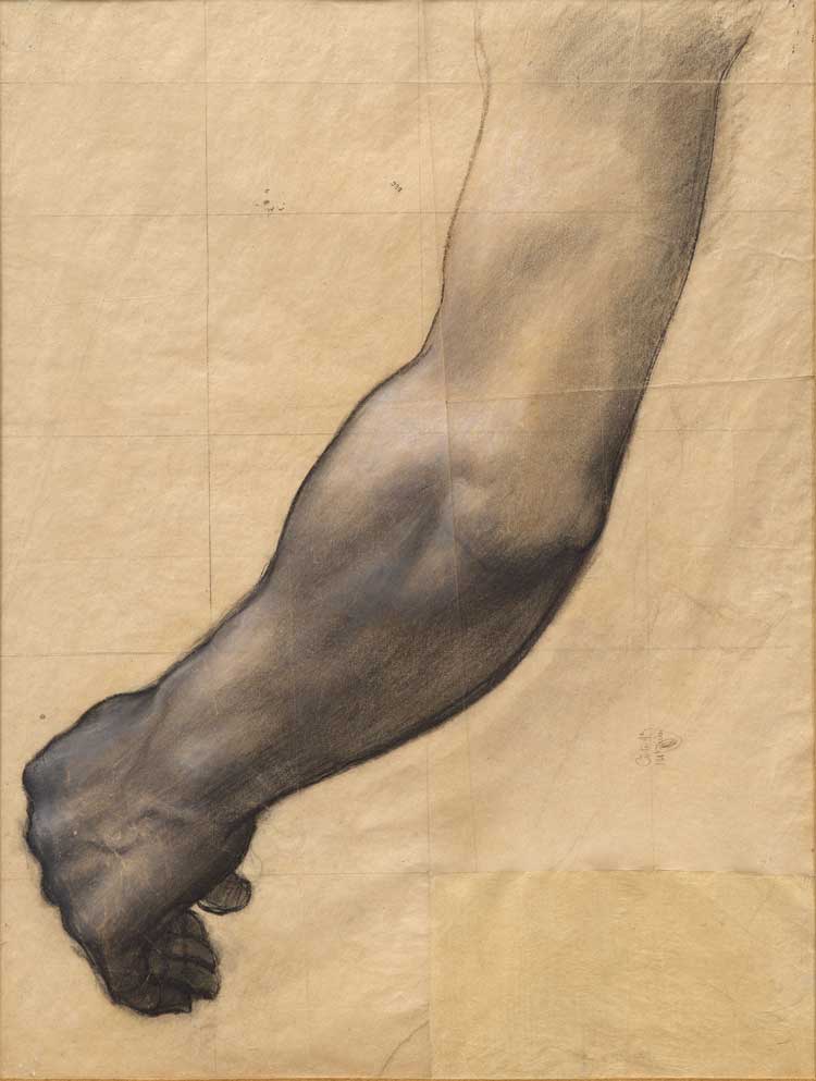 Pierre Puvis de Chavannes. Étude d’un bras (étude pour Sainte Geneviève, enfant, en prière) (Study of an Arm [Study for Saint Genevieve as a Child in Prayer])”, c1877-78. Pencil, charcoal, chalk on transfer paper, 63 x 47 cm (24 3/4 x 16 1/4 in). © The Estate of Pierre Puvis de Chavannes. Courtesy Michael Werner Gallery.