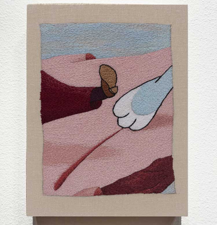 Peter Frederiksen. Not Yet Sure Of The Lengths To Which I Would Go, 2021. Freehand machine embroidery on linen, 8 x 6 in (20.3 x 15.2 cm). Installation view,  Steve Turner Gallery, Los Angeles. Photo: Jill Spalding.