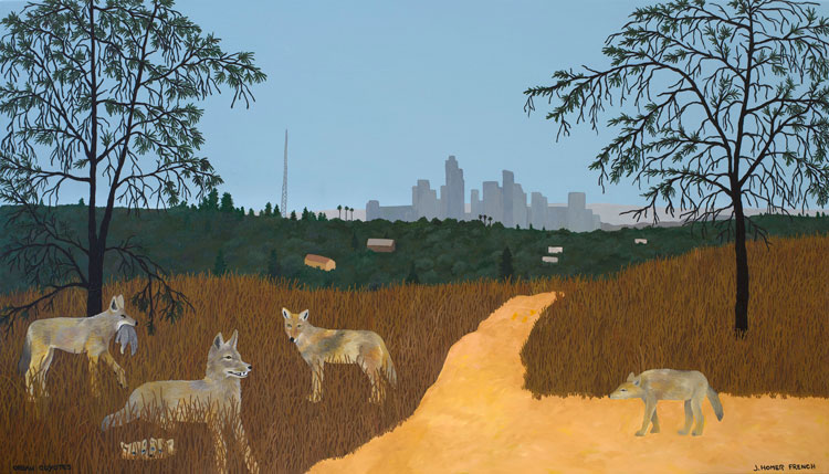 Jessie Homer French. Urban Coyotes, 2023. Oil on artist canvas, 24 x 42 in. (61 x 106.7 cm). Courtesy of the artist. Various Small Fires, Los Angeles / Dallas / Seoul, and MASSIMODECARLO, Milan / London / Paris / Beijing / Hong Kong.