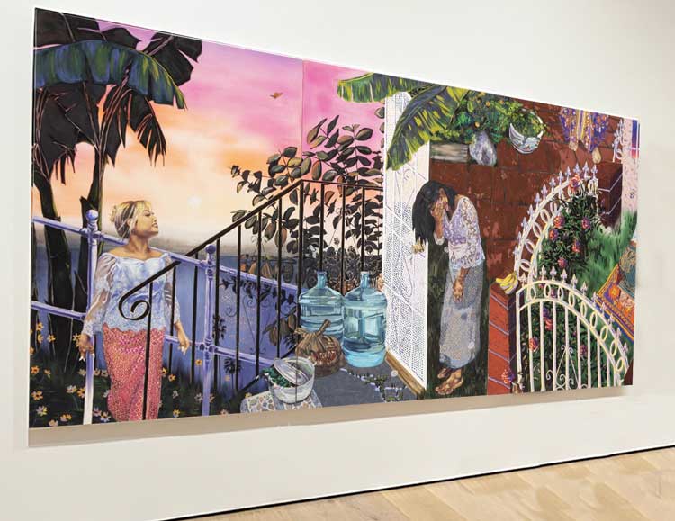 Tidawhitney Lek. Relatives, 2022. Acrylic and oil on canvas, 72 x 144 in (182.9 × 365.8 cm). Photo: Jill Spalding.
