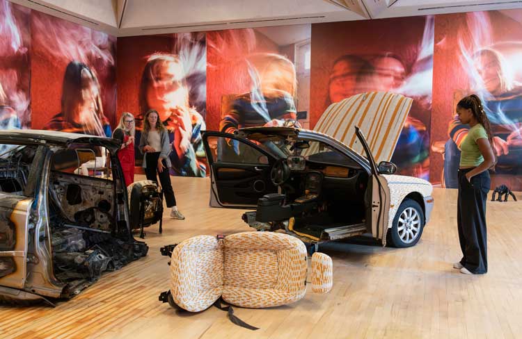 Sarah Lucas, Happy Gas, installation view, Tate Britain, 2023. This Jaguar’s Going to Heaven, 2018, and Red Sky portraits, 2018. © Sarah Lucas. Photo © Tate (Lucy Green).