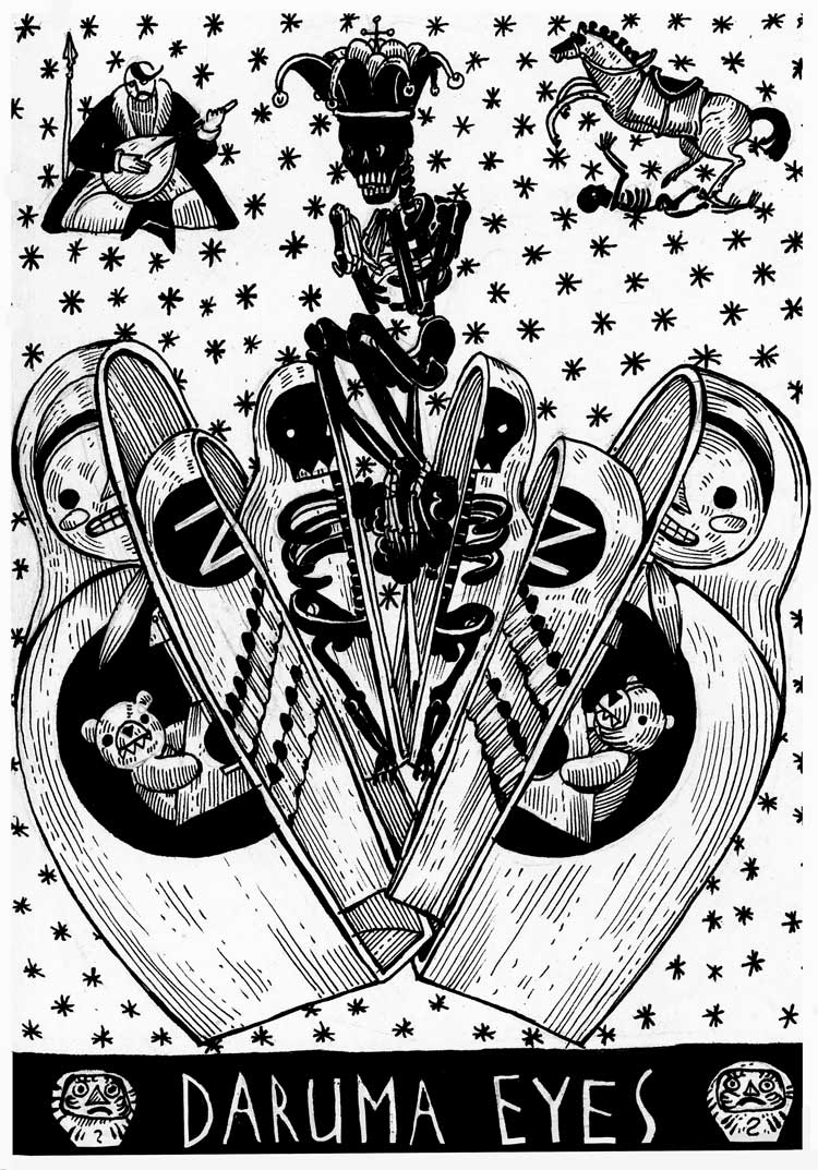Ave Libertatemaveamor, Daruma’s Eyes 2022. Paper, liner, marker, 18 x 12.5 cm. © the Artist.
