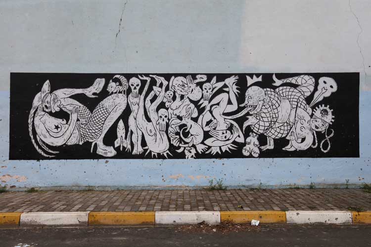 George Gittoes, Warhouse mural, Central House of Culture, Irpin. 2023. © the Artist.