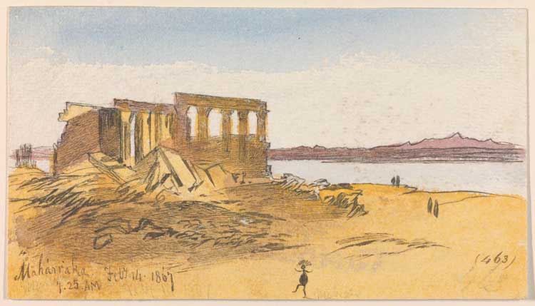 Edward Lear, Maharraka, 7:25 am, 14 February 1867 (463). Watercolour, pen and brown ink, and graphite, 9.8 × 17.5 cm. Courtesy Yale Centre for British Art, Gift of Donald C Gallup, Yale BA 1934, PhD 1939.