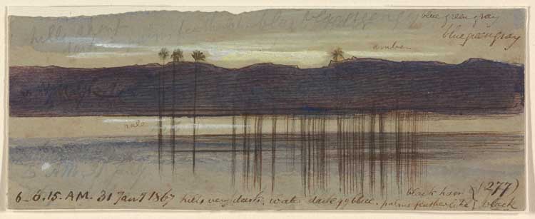 Edward Lear, Philae, 6:00-6:15 am, 31 January 1867 (277). Watercolour with pen and brown ink over graphite, 5.4 x 13.7 cm. Courtesy Yale Centre for British Art, Gift of Donald C Gallup, Yale BA 1934, PhD 1939.