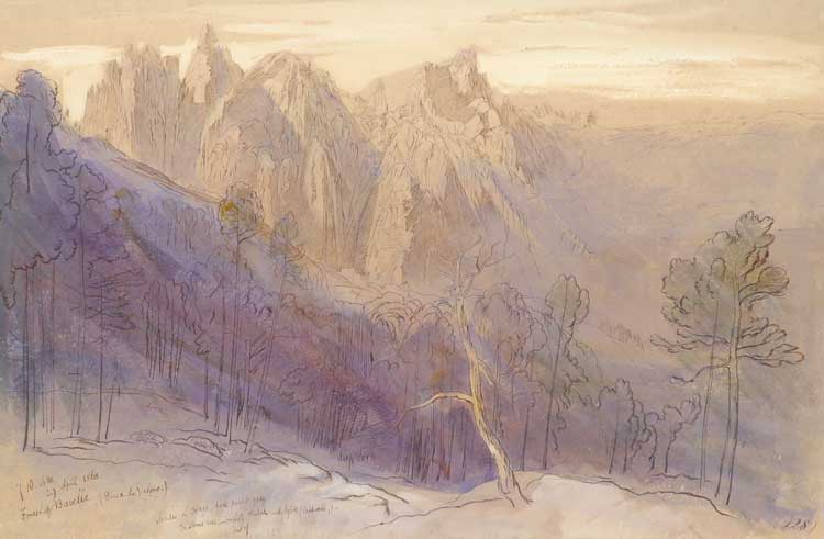 Edward Lear, The Forest of Bavella, Corsica, 7:10 am, 29 April 1868. Pen and ink and watercolour on buff paper, 63.5 x 80 cm. Private collection. Photo: Woolley and Wallis Salerooms Ltd.