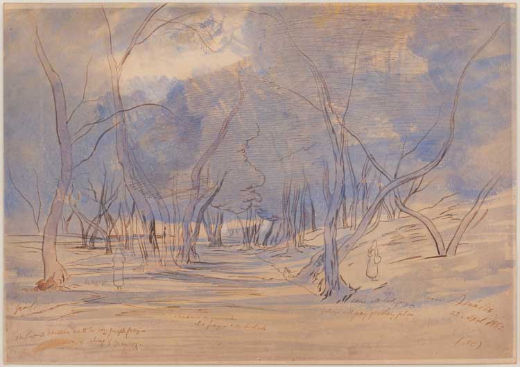 Edward Lear, A view near Doukades, 22 April 1862 (30). Pen, ink and watercolour, 25 x 35 cm. Private collection.