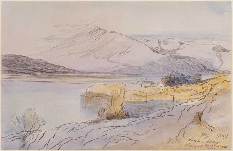 Edward Lear, Santa Maura Fortress from the West, 6:00 pm, 19th April 1863 (55). Watercolour over pen and ink, 21 x 32 cm. Private collection.