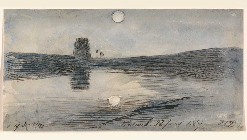 Edward Lear, Karnak, 9:30 pm, 22 January 1867 (212). Watercolour with pen and black ink over graphite, 8.7 x 17.1 cm. Courtesy Yale Centre for British Art, Gift of Donald C Gallup, Yale BA 1934, PhD 1939.