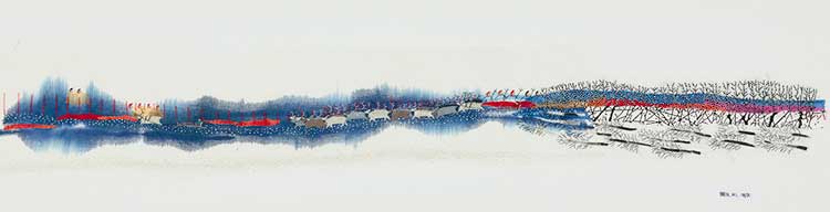Britta Marakatt-Labba. Čullon meahcci / Felled Forest, 2020–21. Embroidery, 35 x 115 cm. Courtesy Nordnorsk Kunstmuseum.