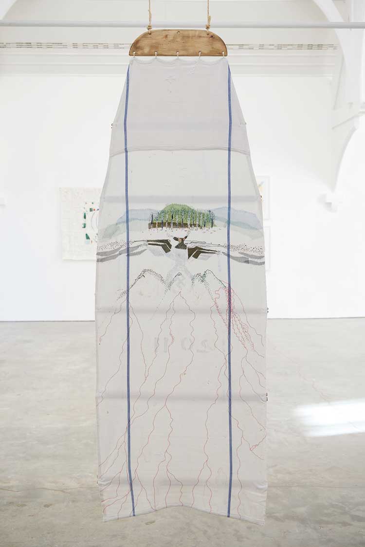 Britta Marakatt-Labba. Dáhpáhusat áiggis / Events in Time (detail), 2013. Mixed media, dimensions variable. Installation view, Britta Marakatt-Labba: Under the Vast Sky, (2022).© Ikon Gallery. Photo: Stuart Whipps.