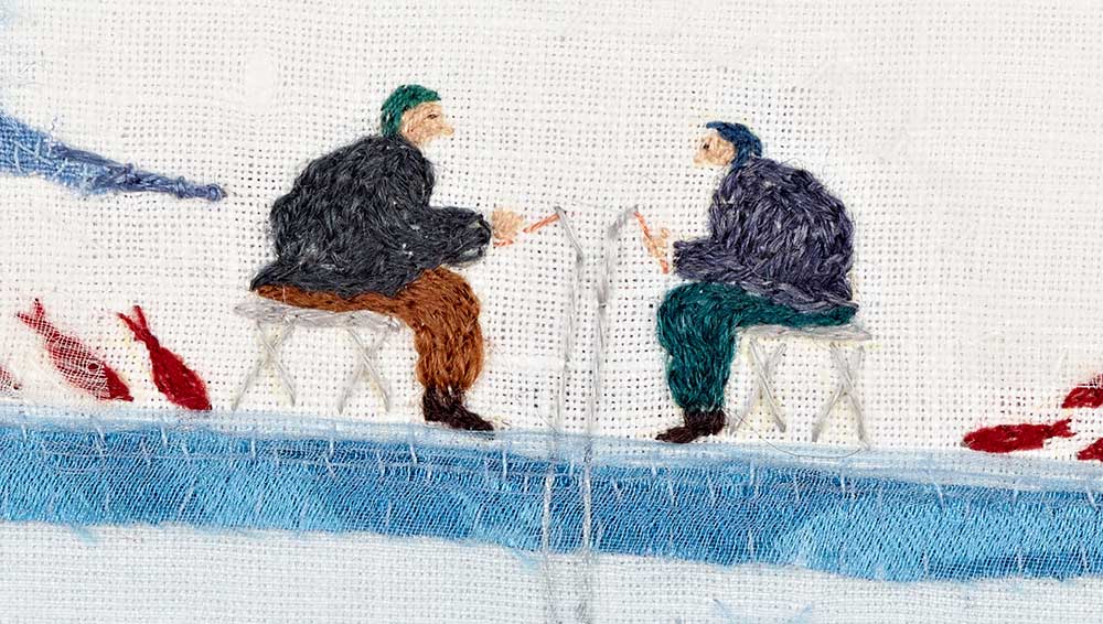 Britta Marakatt-Labba. Gávnnadeapmi I / The Encounter I, 2012. Embroidery, 35 x 35 cm. Courtesy Luleå Tekniska Universitet.