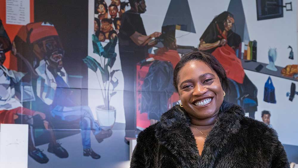Joy Labinjo at the launch of 5 more minutes, 11 November 2021. Brixton Underground station. Photo: Benedict Johnson, 2021.