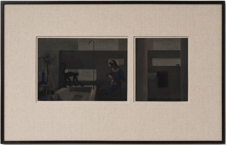 Graham Little, Untitled (Mother and Baby, dusk), 2020. Gouache on paper, 24 x 34.4 cm (9 1/2 x 13 1/2 in) right panel: 24 x 20 cm (9 1/2 x 7 7/8 in). Courtesy: Alison Jacques, London © Graham Little.