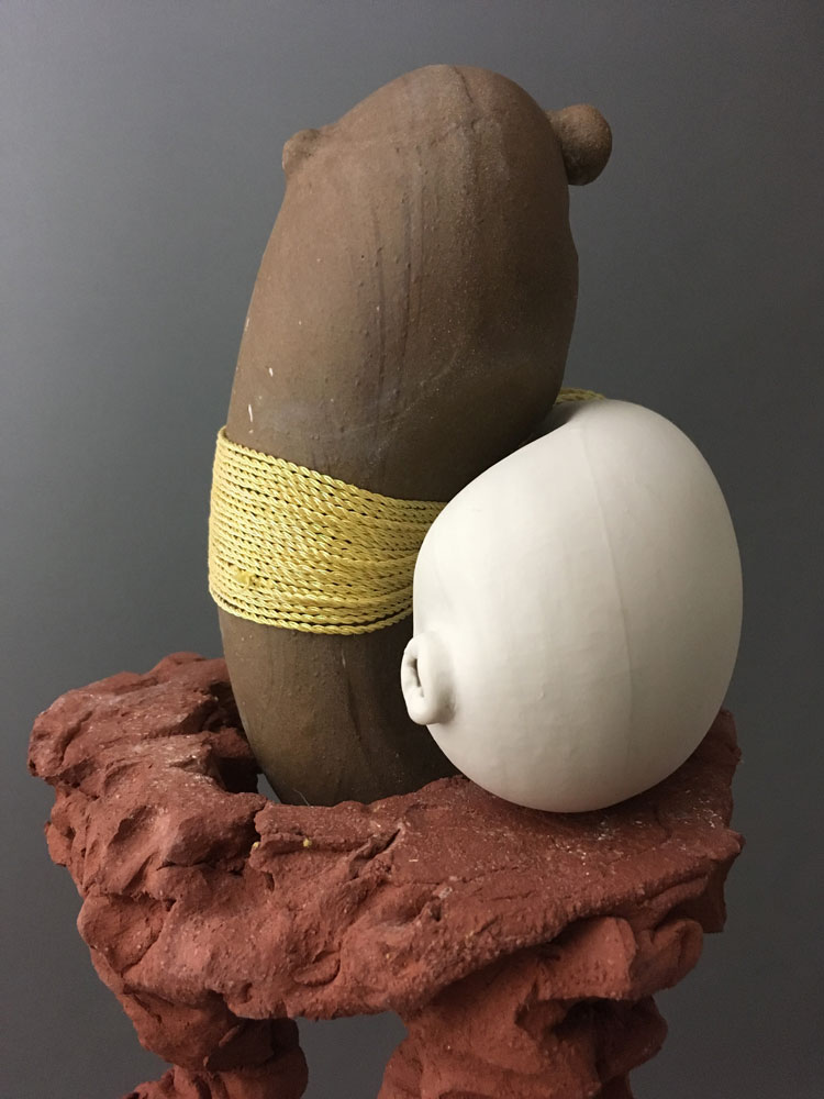 Sam Lucas. Tippytoe, 2019 (detail). Porcelain and stoneware fired terracotta, textile, 77 x 47 x 47 cm. Photo: Sam Lucas.