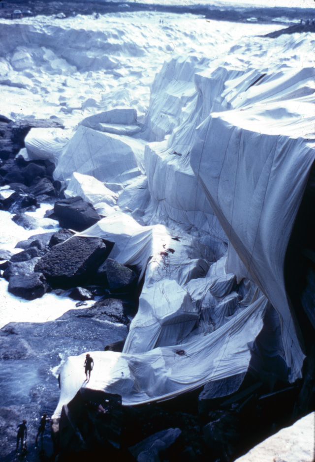 A photo of Kaldor Public Art Project 1: Christo and Jeanne-Claude’s Wrapped Coast – One Million Square Feet taken by art education lecturer Ellen Waugh in 1969. Ellen used her photographs as slides for teaching. These slides were scanned and new colour photographs of the legendary project were discovered last year.